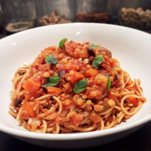 Lentil and Mushroom Ragu with Spaghetti